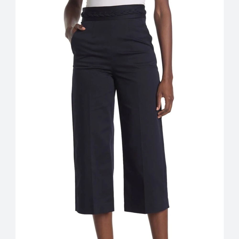 Valentino Red Label Navy Wide Leg Cropped Cotton Pants with Braided Waist Band